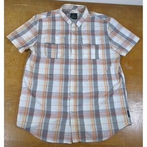 Prana Mens Seersucker Shirt Plaid Short Sleeve Button‎ Up Hiking Outdoors Size L